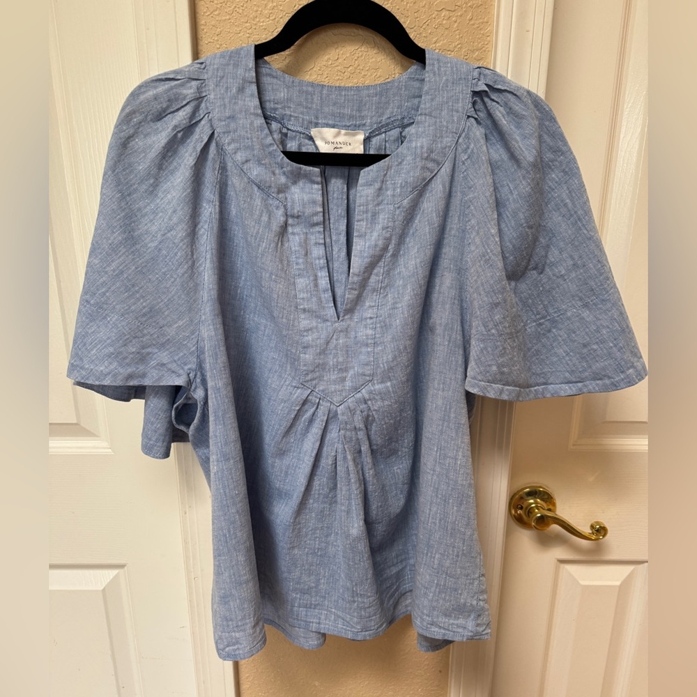 POMANDER place Tuckernuck chambray color Finley Flutter Sleeve Top Large